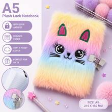 A5 Cute Cartoon Plush Lock Notebook, Soft Fuzzy Diary Journal With Lock And Key, Kawaii Stationery Gift For Girls - Multi-color - View 13