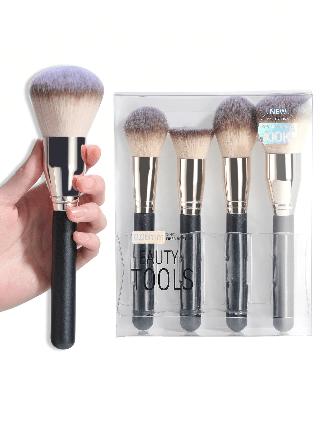 BS-MALL 4PCS Large Face Makeup Brush Professional Foundation Blending Powder Liquid Cream Contour Highlighter Kabuki Brush - Black - View 1