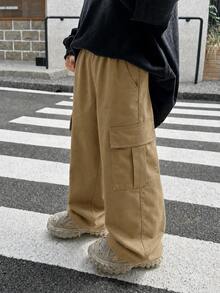 Boys' Fashion Versatile Academy Multi-Pocket Soft Straight Leg Cargo Pants, Spring Summer Autumn Winter Christmas - Khaki - View 2