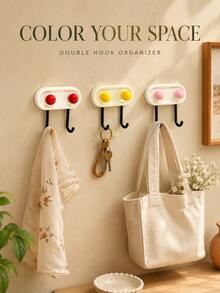 Modern Dopamine Oval Wall-Mounted Double Hook With Colorful Round Knob, Self-Adhesive No-Drill Design, Dual Hanging Arms, Compact Storage Hook, Suitable For Bedroom, Entryway, Dorm, Bathroom And Kitchen, Can Hang Keys, Towels, Bags And Accessories - Multicolor - View 2