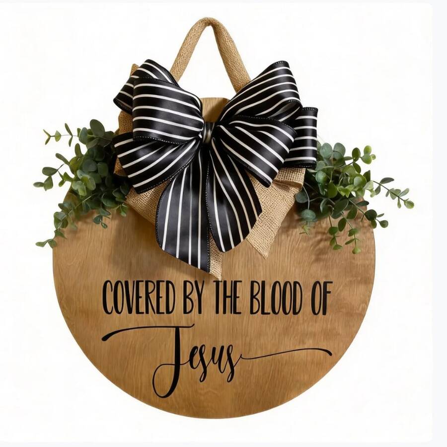 Covered By The Blood Of Jesus Sign, Artificial Wood Religious Housewarming Gift With Door Hanging Decor, Suitable For Home Decoration, Front Door Scripture Display, Church Or Home Entrance Prayer Reminder, Faith-Based Design, Handmade Appearance, Faith-Based Gift