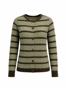 Women's Knit Button Front Long Sleeve Striped Cardigan Vintage Round Neck Fall Winter Sweater Top - Green - View 7