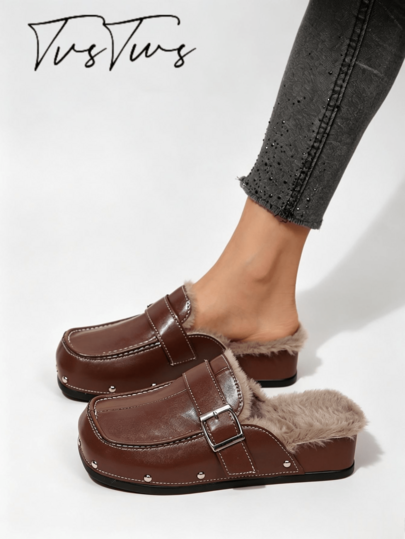 Zapatillas versátiles de uso diario para campus y calle en otoño/invierno, zapatillas tipo mule con cuña, punta cuadrada retro, hebilla metálica, forro térmico y suela gruesa para mujer, zapatillas con remaches, costura de contraste, punta redonda y cerrada, zapatillas térmicas casuales para exteriores