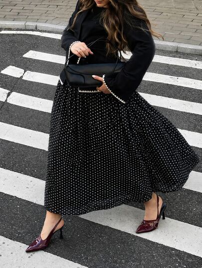 NOVELLE Women's Autumn/Winter French Elegant High-Waist Black Polka Dot Chiffon Skirt With Brown Belt, Suitable For Date, Party, Commute, Street, Outing
