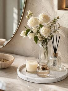 1pc Round Marble Pattern Decorative Tray, Elegant Vanity Organizer, Suitable For Fragrance, Candles, Reed Diffuser, Jewelry And Home Decor, Stylish Decoration For Bathroom, Bedroom, Vanity And Coffee Table, Wedding Bridesmaid Gift, Room Decor, Jewelry Storage Box - Multicolor - View 3
