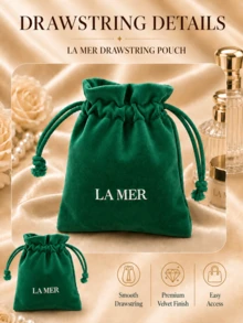 حقيبة سحب كلاسيكية من La Mer، مقاس 16*14 سم، من قماش المخمل، صغيرة، أنيقة، عملية، للتخزين، مناسبة لتخزين مستحضرات التجميل وفرش المكياج - حقيبة برباط - أخضر - مشاهدة 8