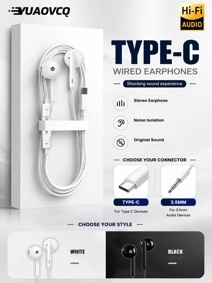 YUAOVCQ Earphone Tidur In-Ear Berkabel, Isolasi Kebisingan Fisik Ganda, Antarmuka Type-C & 3.5mm, Mikrofon Panggilan Definisi Tinggi, Cocok Untuk Smartphone, Komputer, Konsol Game