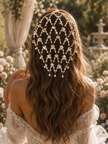 1 pieza Elegante aro para el cabello con perla hueca y cadena, accesorio para el cabello con borla de cristal brillante de moda para mujer para uso diario y fiestas - Dorado - Ver 2