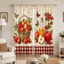 2 Sets Of Digital Retro Country-Style Apple-Print Filtering Curtains, In Rod Bag Style, Fade-Resistant, Washable By Hand And Machine, Hook-Free Design, Suitable For Home Decoration In Living Room, Bedroom And Study Area. - Multicolor - View 2