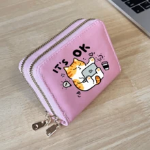 Cat Print Card Holder, Lightweight Fashionable Women's Wallet, Suitable For Daily Use, Double Zipper Mini Wallet/Coin Purse/Card Holder - Multicolor - View 7
