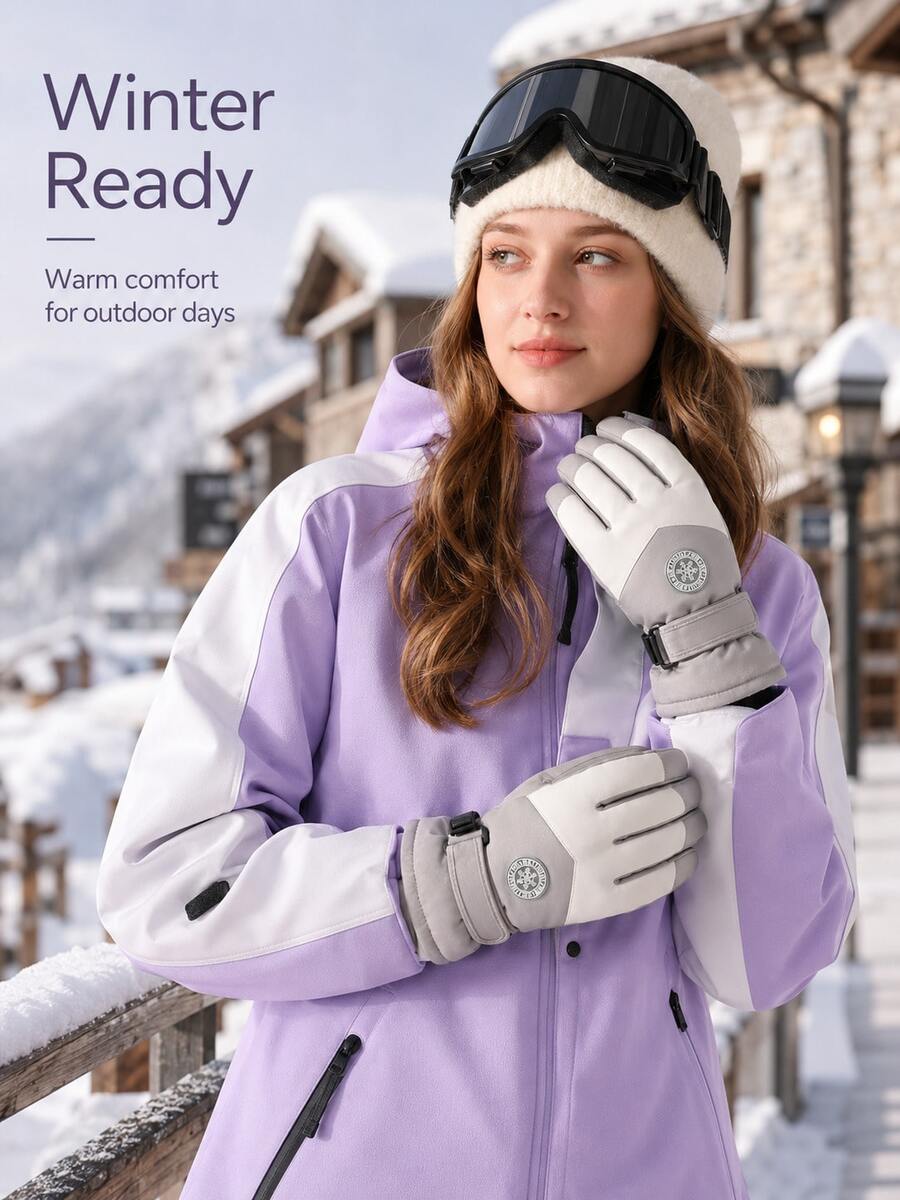 Colorblock Ski Gloves, Minimalist Sports Style, Thick Windproof And Waterproof Fabric, Decorative Round Badge, Adjustable Hook And Loop Wrist Strap, Warm, Anti-Slip And Durable, Suitable For Winter Skiing, Hiking, Snow Outdoor Cold Weather Activities