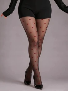 1雙女款黑色透膚紅色愛心圖案褲襪，浪漫時尚情侶約會與派對穿搭褲襪 - 黑色 - 查看 3