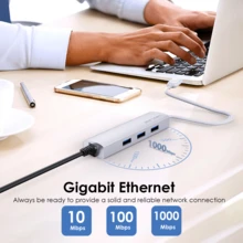 USB 3.0 Hub, 3-Port USB Hub With Gigabit Ethernet Adapter, Aluminum Compact Design, Plug & Play For Laptops/PCs, Silver - Silver - View 4