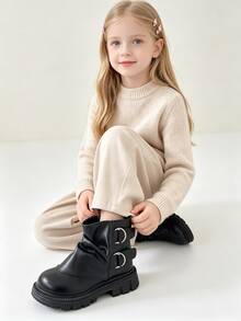 Girls' Ruched Ankle Boots With Buckle, Faux Leather Back Zipper Thick Sole, Autumn Winter 2026 - Black - View 5