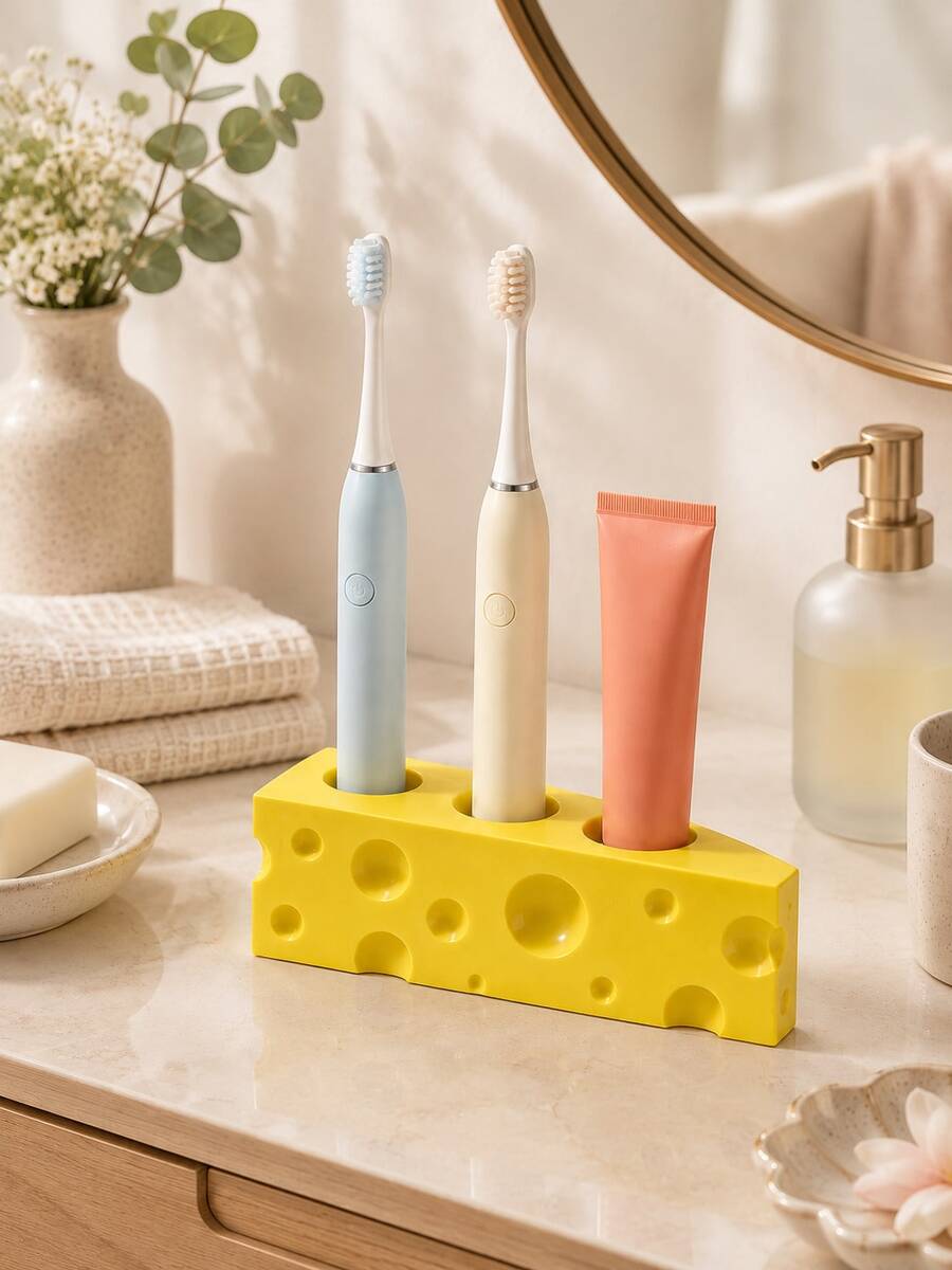 1pc Fun Cheese Block Toothbrush Holder With 3 Storage Slots, Bathroom Countertop Organizer For Toothbrush, Toothpaste And Toiletries, Cute Home Decor Accessory, Bathroom Sink Countertop Accessory, Toothbrush Holder, Brush Holder, Gift - Multiple Styles - View 1