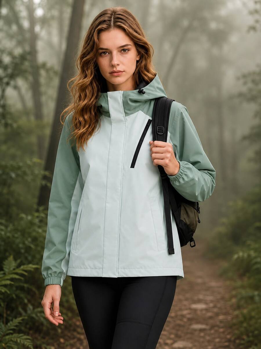 Women's Autumn Loose Fit Dual Green Colorblock Hooded Jacket, Full Zip Front, Side Pockets, Elastic Hem, Casual Top - Green - View 1
