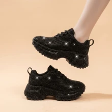 Women's Thick Sole Height-Increasing Low-Top Lace-Up Black Casual Sneakers, Versatile All-Season Rhinestone Shoes - Black - View 2