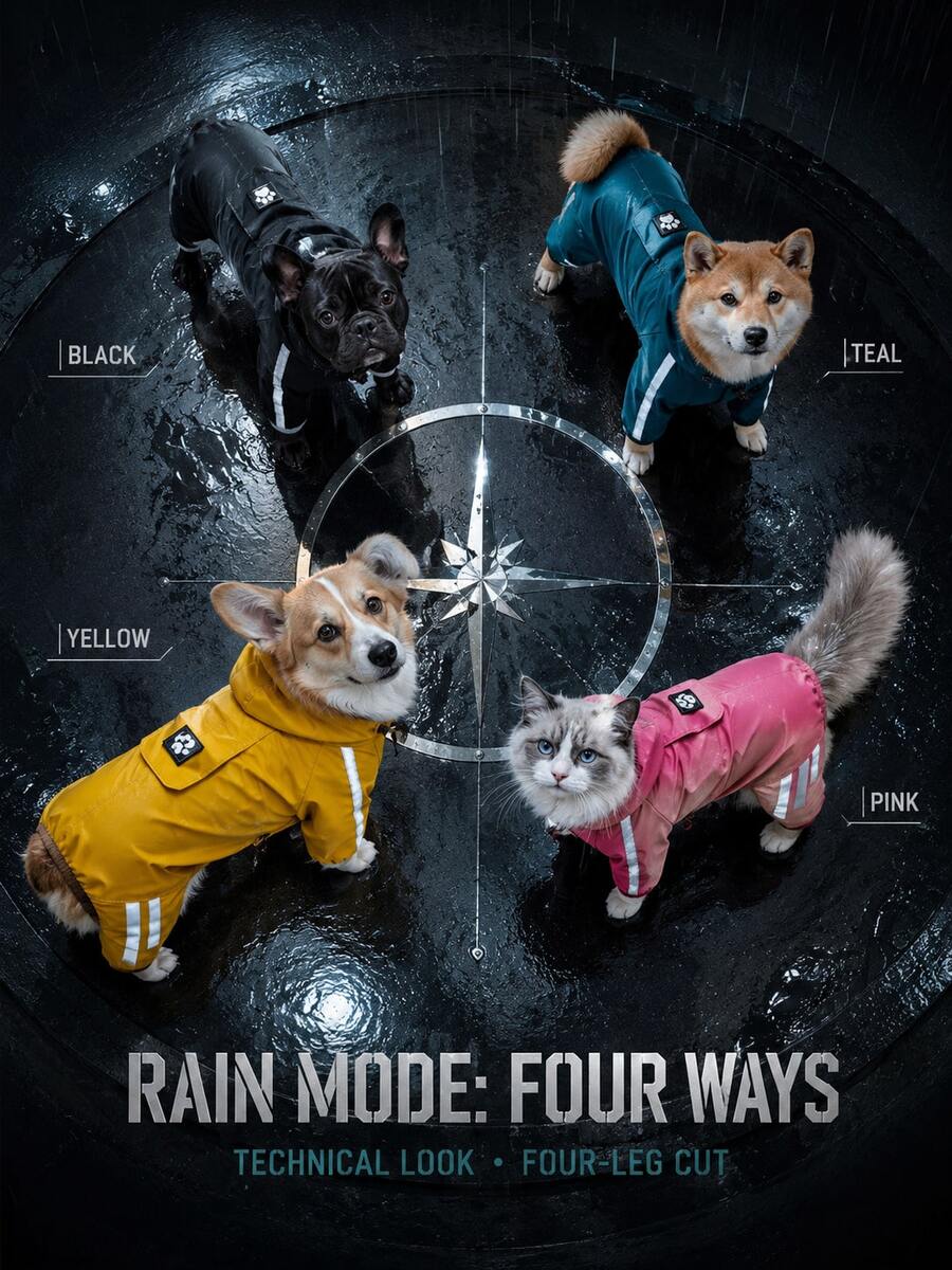 1pc Pet Hooded Raincoat With Extra Large Brim, Polyester Material, Reflective Strips, Full Protection, Adjustable Magic Waist Strap, Cute Animal Pattern, Waterproof Design, Suitable For Small And Medium Dogs All Year Round, Waterproof Dog Raincoat, Hooded Dog Raincoat, Dog Raincoat
