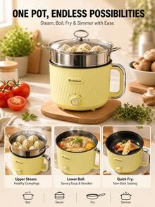 Portable Electric Steamer Pot, Multi-Functional Non-Stick Cooker, Suitable For 1-3 People, Applicable For Stir-Frying, Stewing, Steaming, Cooking Rice, Cooking Noodles, Making Soup, Cooking Porridge, Hot Pot And Steaming Buns - Yellow - View 2