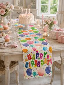 1pc-Birthday Linen Table Runner, Colorful Happy Birthday Table Decor With Balloons Cake Gifts And Confetti, Rustic Farmhouse Birthday Party Decorations For Dining Table Kitchen Home - Multicolor - View 4