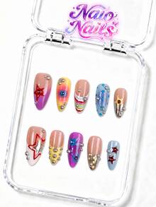 NAIO 10pcs/Set Y2K Handmade Press-On Nails, Nude Multi-Color Gradient Striped French Tips, Hand-Painted Stars Silver Beads Rhinestone Nail Art, Cute Vintage Y2K Harajuku Style, Suitable For Party And Daily Wear, 3 Sizes Coffin/Almond/Short Square Shape, Acrylic False Nails - Multicolor - View 3