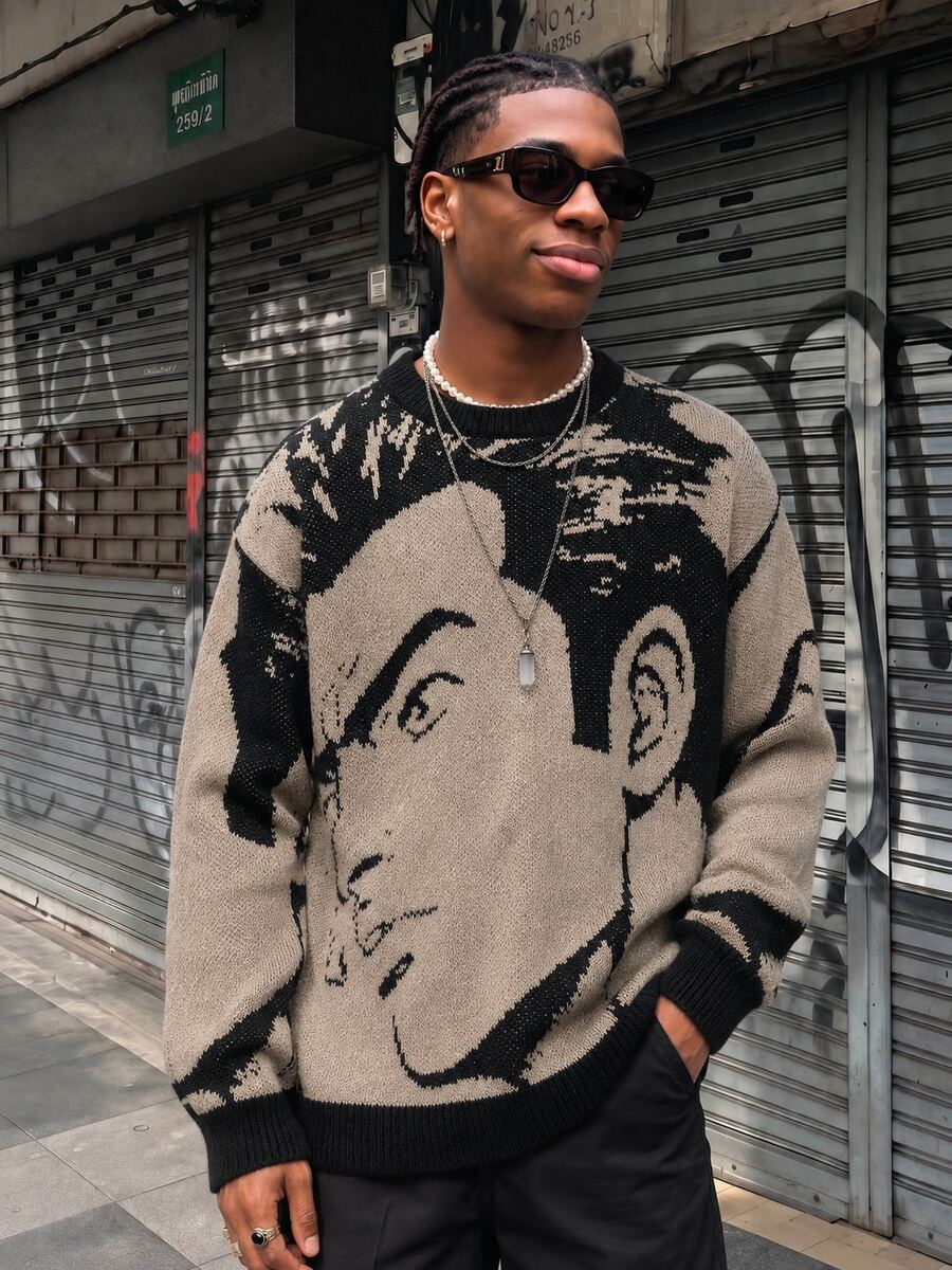 ANDREILEE Cartoon Street Style Men's Sweater Fashion Street Style Daily Commute Home Versatile Crew Neck Long Sleeve Loose Knit Pullover - Black - View 1
