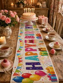1 buah Taplak Meja Linen Ulang Tahun Warna-warni, Cetakan Huruf Selamat Ulang Tahun dengan Spanduk Pesta, Hadiah, Kue, dan Konfeti, Dekorasi Meja Pesta Ulang Tahun yang Menyenangkan untuk Meja Makan, Dapur, dan Dekorasi Rumah - MultiWarna - View 5