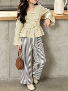 Left Mama Girls Casual Bow V-Neck Long Sleeve Top And Striped Straight Pants Set, Spring/Autumn - Apricot - View 2