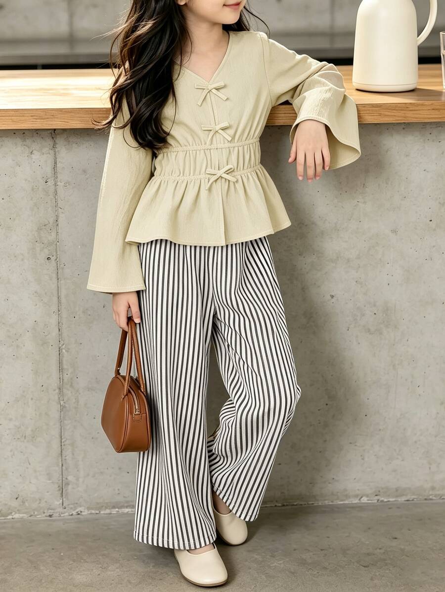 Left Mama Girls Casual Bow V-Neck Long Sleeve Top And Striped Straight Pants Set, Spring/Autumn
