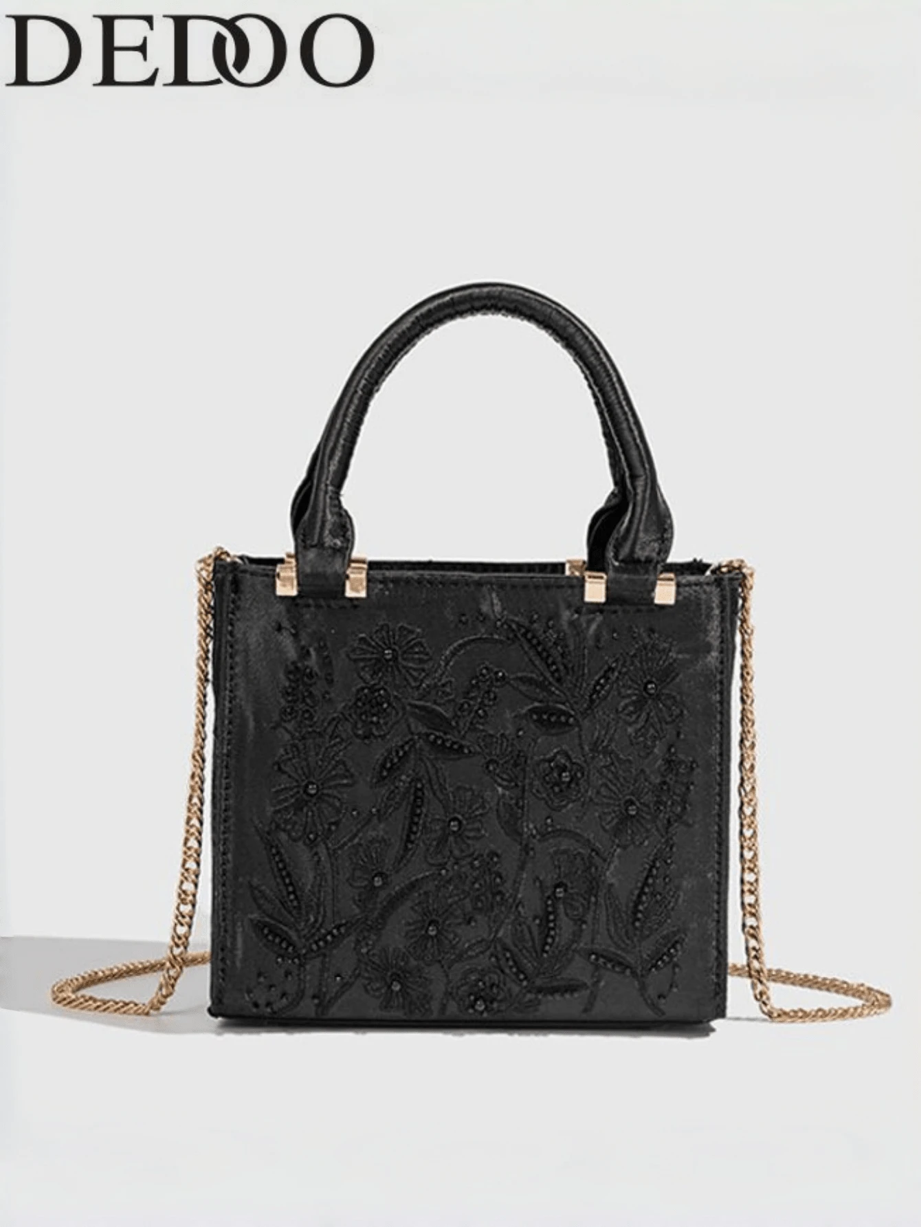Dedoo 女款熱銷花卉刺繡托特手提包，緞面質感布料，雙手柄設計，可拆卸金色鏈條肩帶，優雅復古斜挎包，適合婚禮、派對、約會