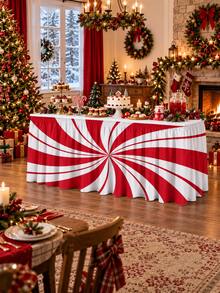 Christmas Peppermint Swirl Table Skirt, Red White Candy Stripe Polyester Table Cover, Festive Holiday Party Decor For Dessert Table, Buffet, Dining Room, Kitchen, Banquet And Xmas Home Decoration - F - View 5