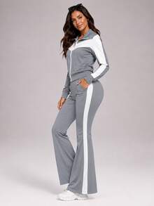 CZRLHYT ColorBlock Knit Women's Zip-Front Jacket & Pants 2 Pieces Outdoor Sports Set, Island Vacation Outfit - Grey - View 3