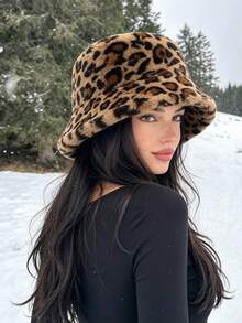 1pcLeopard Print Thicker Warm Casual Furry Bucket Hat, Street Style - Multicolor - View 2