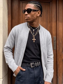 ANDREILEE Men's Fashion Casual Minimalist Solid Color Daily Commute Versatile Home Wear Round Neck Long Sleeve Loose Zipper Cardigan Ribbed Knit Sweater Jacket Autumn/Winter - Grey - View 2