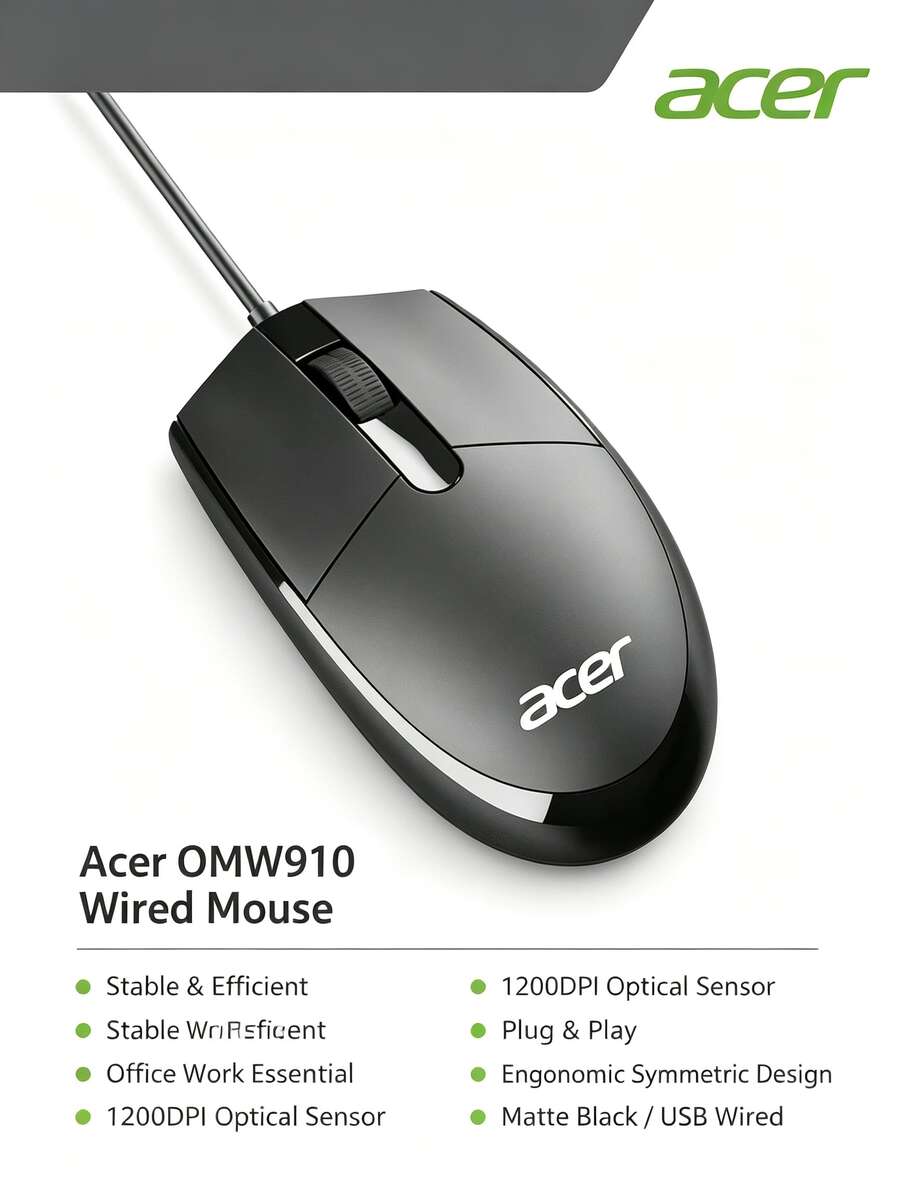 Acer OMW910有線滑鼠:電競級精準定位+ 人體工學弧面,緩解手腕壓力,桌上型/筆記本通用 - 查看 1