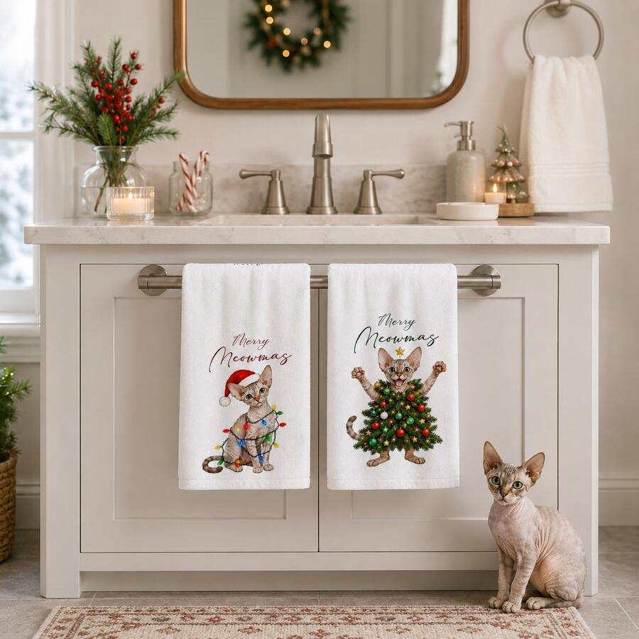 2/4/6件組聖誕主題貓咪浴室毛巾套組,浴室套組,Merry Meowmas 小貓手巾,浴室裝飾與配件,廚房裝飾與配件,聖誕禮物 - 彩色 - 查看 1