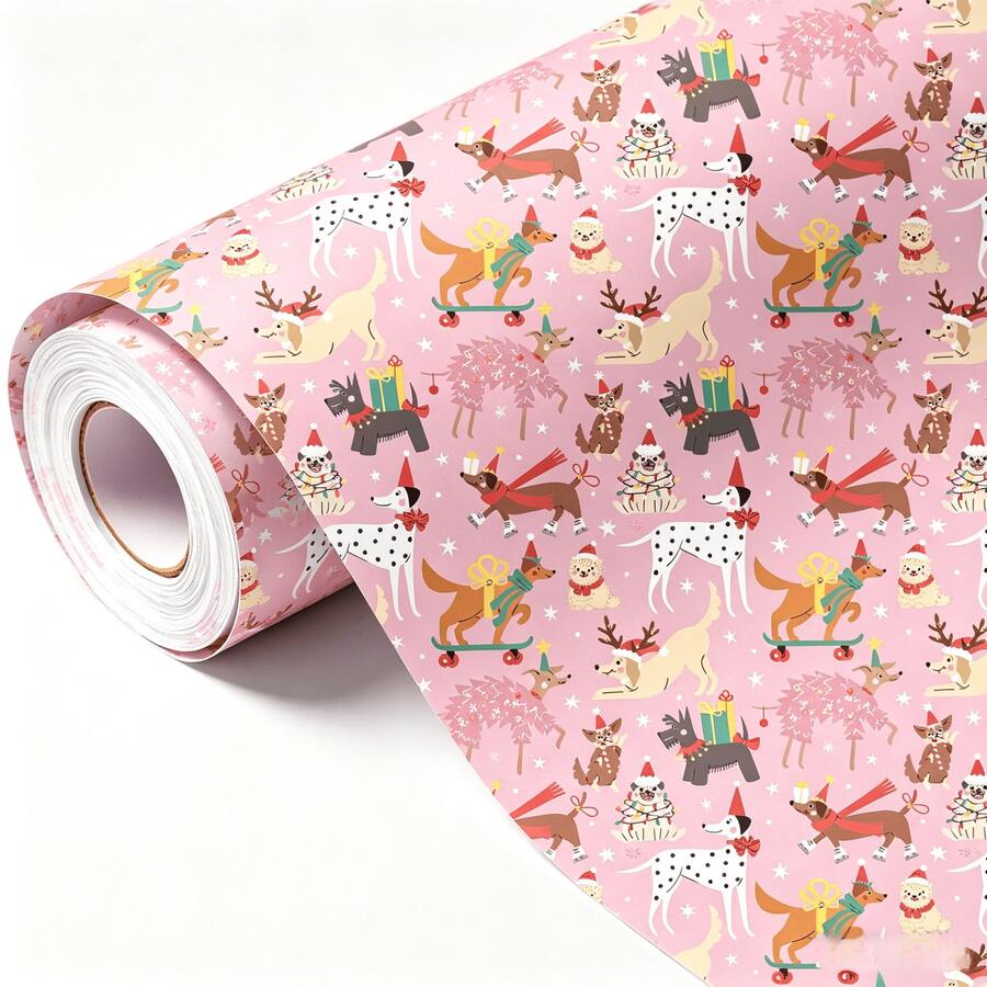 Christmas Gift Wrapping Paper Roll, Cute Dog Pattern With Christmas Hat, Scarf And Christmas Tree Design, Kraft Paper Holiday Gift Wrapping Paper, Suitable For Christmas Party And Gifts (17in X 118in) - Multiple Styles - View 1