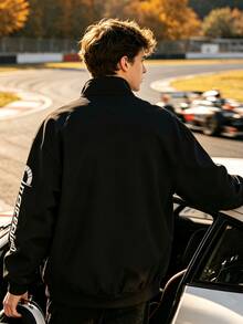 Men's Racing Jacket, Outdoor Casual Black Jacket, Autumn/Winter Men's Clothing, Slim Fit Long Sleeve Cuffed Collar Racing Jacket, Racing Driver Jacket - Black - View 2