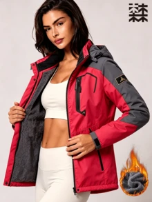 mulinsen Women's Colorblock Fleece Lined Hooded Windproof Jacket, Suitable For Winter Hiking And Camping - Red - View 6