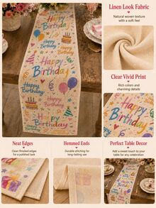 1pc-Birthday Party Linen Table Runner, Colorful Happy Birthday Print With Balloons Cake Party Hats Stars And Confetti, Rustic Table Decor For Birthday Celebration Dining Kitchen Home - Multicolor - View 3