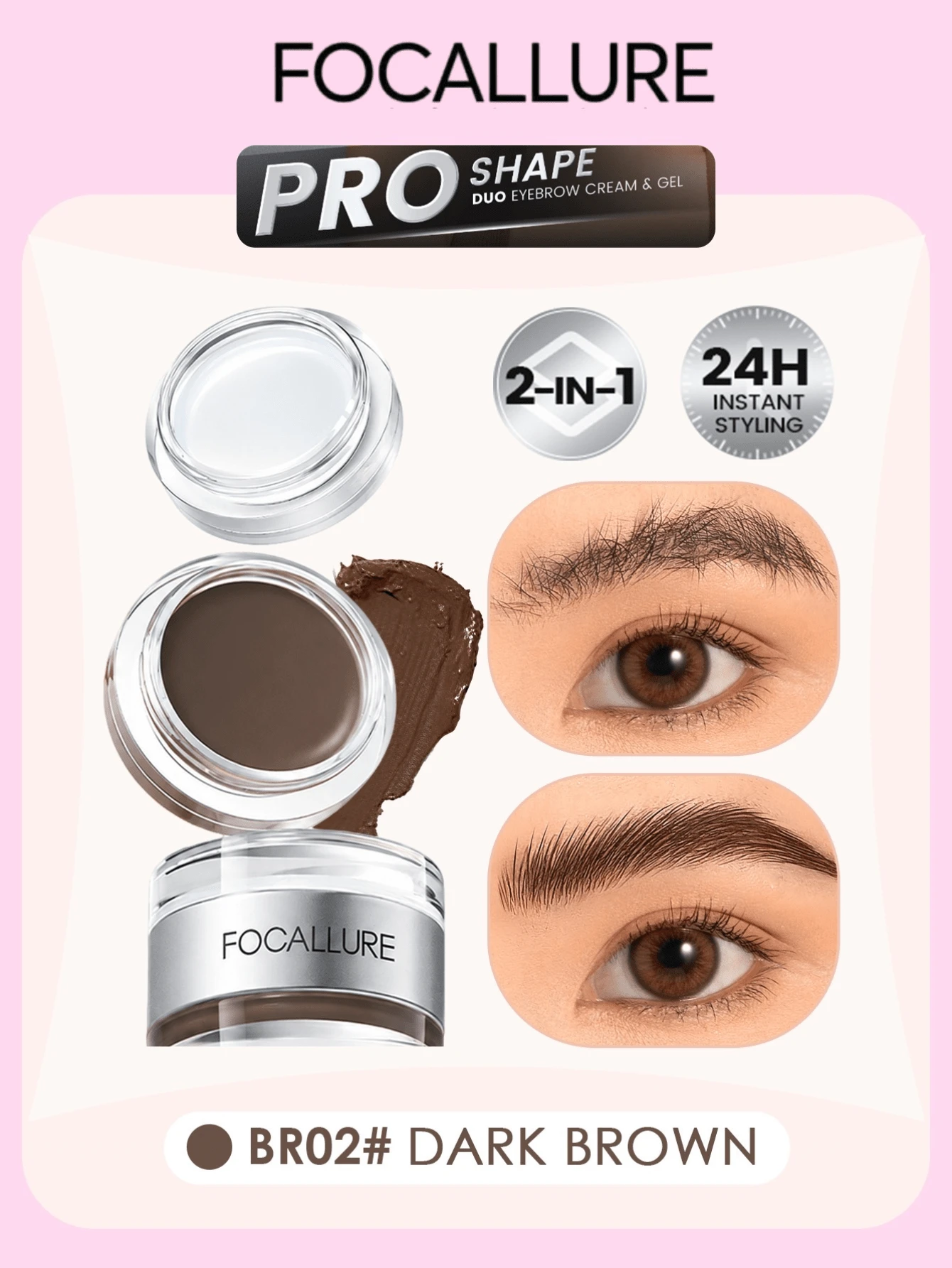 FOCALLURE 2.5g+2.5g 彩色眉彩膏 + 透明眉蠟 2合1,眉毛填補與塑形,高顯色、持久且防暈染,豐盈增強,質地絲滑不結塊,防水防汗 - BR02# DARK BROWN - 查看 1