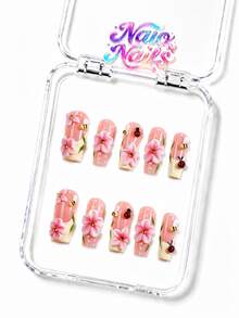 NAIO 10片式穿戴甲，3種尺寸：棺材型/杏仁型/短方型，Y2K辣妹風，多色法式邊，3D桃子、瓢蟲、蜜蜂浮雕，水鑽裝飾，奶油質感，適合女性與女孩，派對/日常佩戴，含工具組，手工壓貼美甲禮品用品 - 彩色 - 查看 17