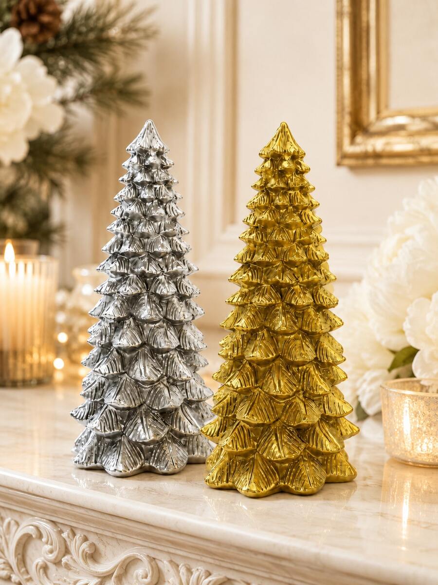 1pc Gold & Silver Christmas Tree Figurines, Metallic Holiday Tabletop Decorations, Elegant Xmas Tree Ornaments For Mantel, Shelf, Dining Table & Living Room, Luxury Winter Home Decor, Festive Centerpiece, Christmas Gift, Holiday Party Decor - A - View 1