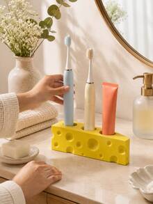 1pc Fun Cheese Block Toothbrush Holder With 3 Storage Slots, Bathroom Countertop Organizer For Toothbrush, Toothpaste And Toiletries, Cute Home Decor Accessory, Bathroom Sink Countertop Accessory, Toothbrush Holder, Brush Holder, Gift - Multiple Styles - View 8