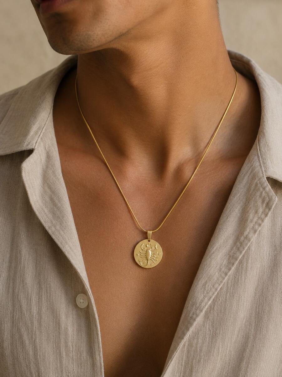 1pc Vintage Style Scorpio Round Pendant Zodiac Necklace For Men - Gold - View 1