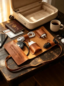 Personalized Leather Roll-Up Cable Organizer, Custom Engraved Letters, Vintage Leather Multi-Compartment Anti-Tangle Cable Storage Bag, Portable Charger Earphone USB Cable Organizer, Suitable For Men, Boyfriend, Father, Colleague, Traveler Christmas Gift - Multicolor - View 4