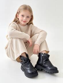 Girls' Ruched Ankle Boots With Buckle, Faux Leather Back Zipper Thick Sole, Autumn Winter 2026 - Black - View 7