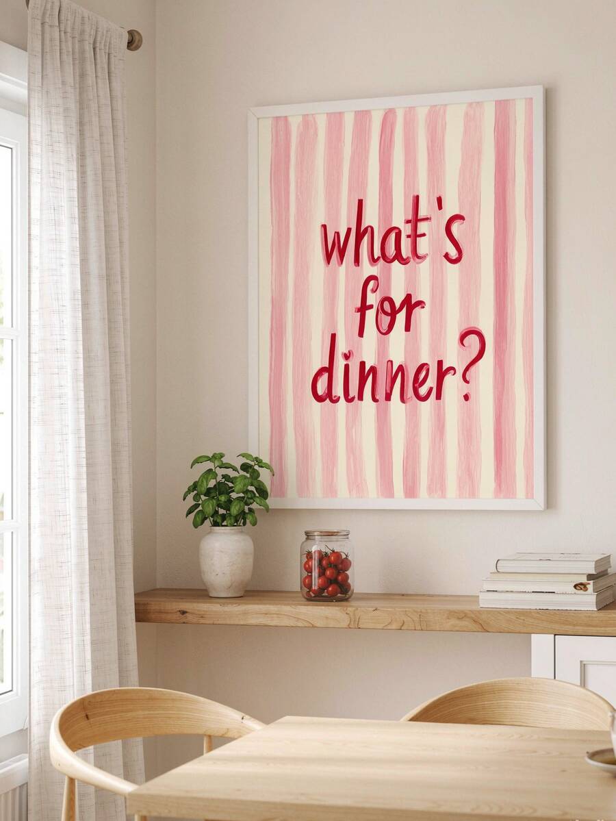 2D Flat, 2D Flat, 1pc, Wall Art, Retro Poster, "What's For Dinner" Art Print, Red And Pink Letter Canvas Painting, Bedroom Hallway Decor, Living Room Aesthetic Design, Gift For Friends, Housewarming Gift, Frame Not Included - B - View 1