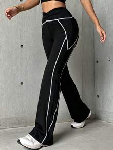 Hidkat Women's Fashion Solid Color Ruched High Waist Yoga Casual Slim Fit Sports Knit Flare Pants - Black - View 3