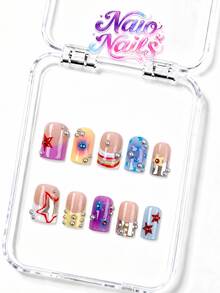 NAIO 10pcs/Set Y2K Handmade Press-On Nails, Nude Multi-Color Gradient Striped French Tips, Hand-Painted Stars Silver Beads Rhinestone Nail Art, Cute Vintage Y2K Harajuku Style, Suitable For Party And Daily Wear, 3 Sizes Coffin/Almond/Short Square Shape, Acrylic False Nails - Multicolor - View 19
